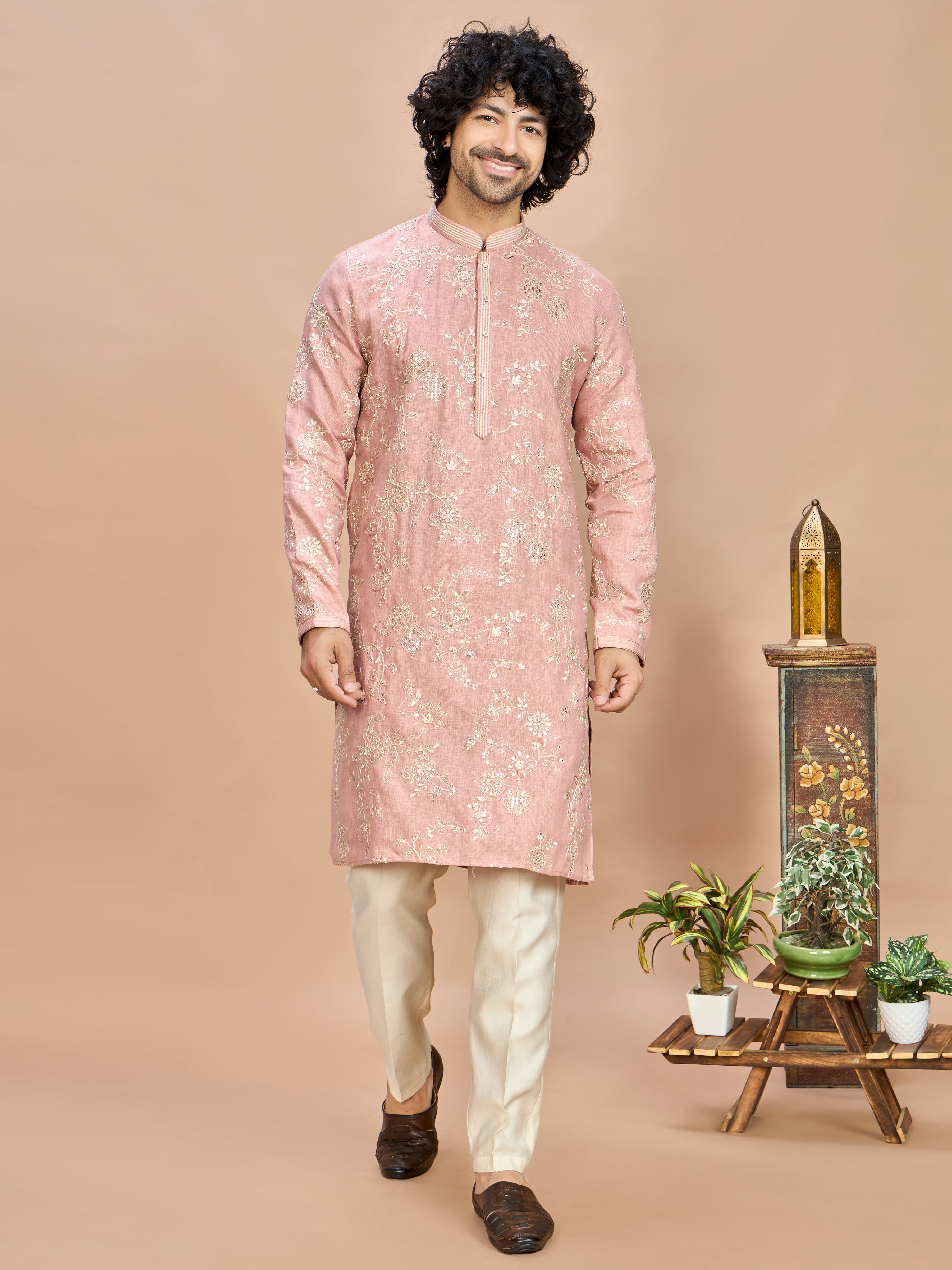 Peach Golden Embroidered Kurta for Men