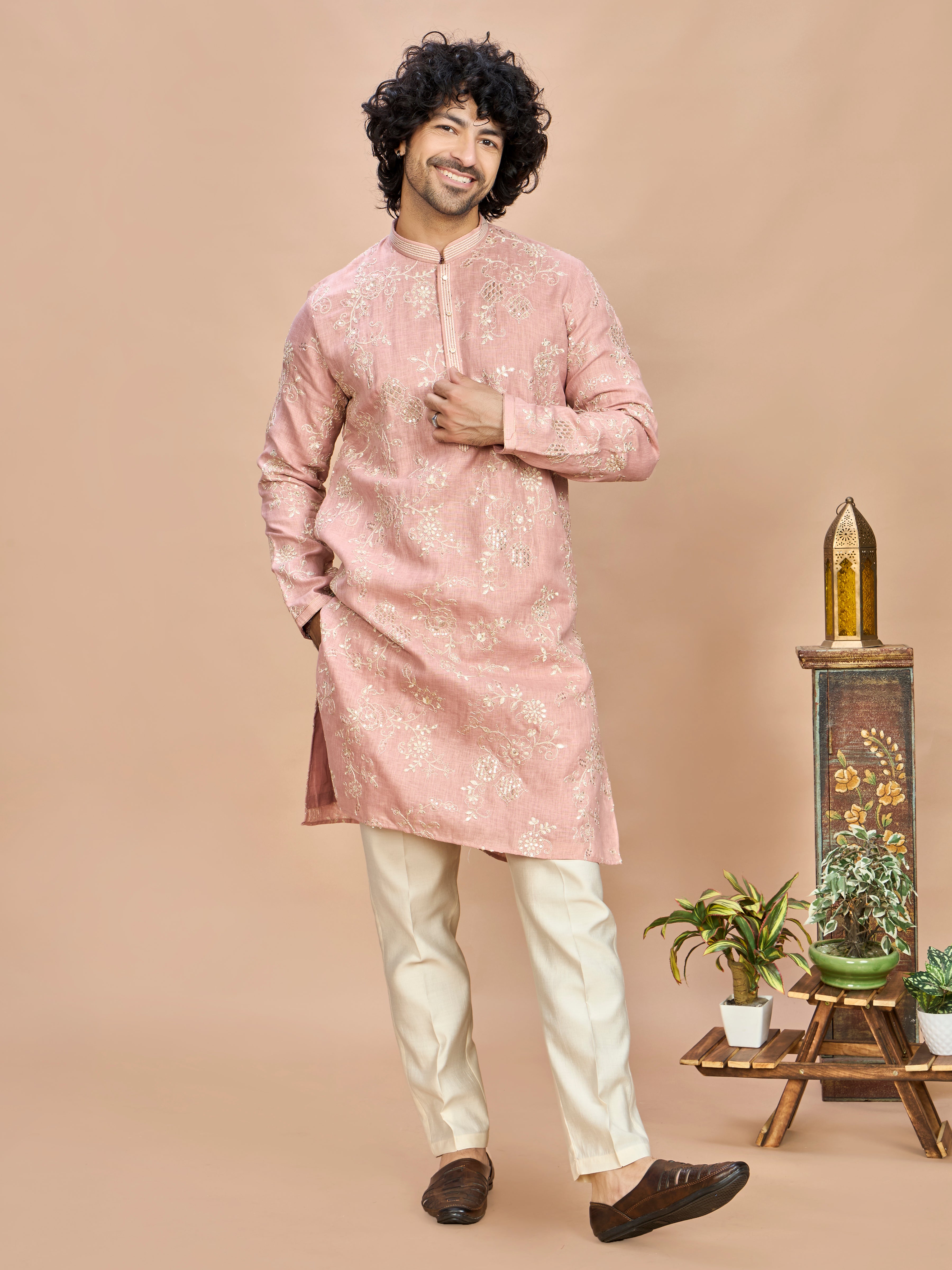 Peach Golden Embroidered Kurta for Men