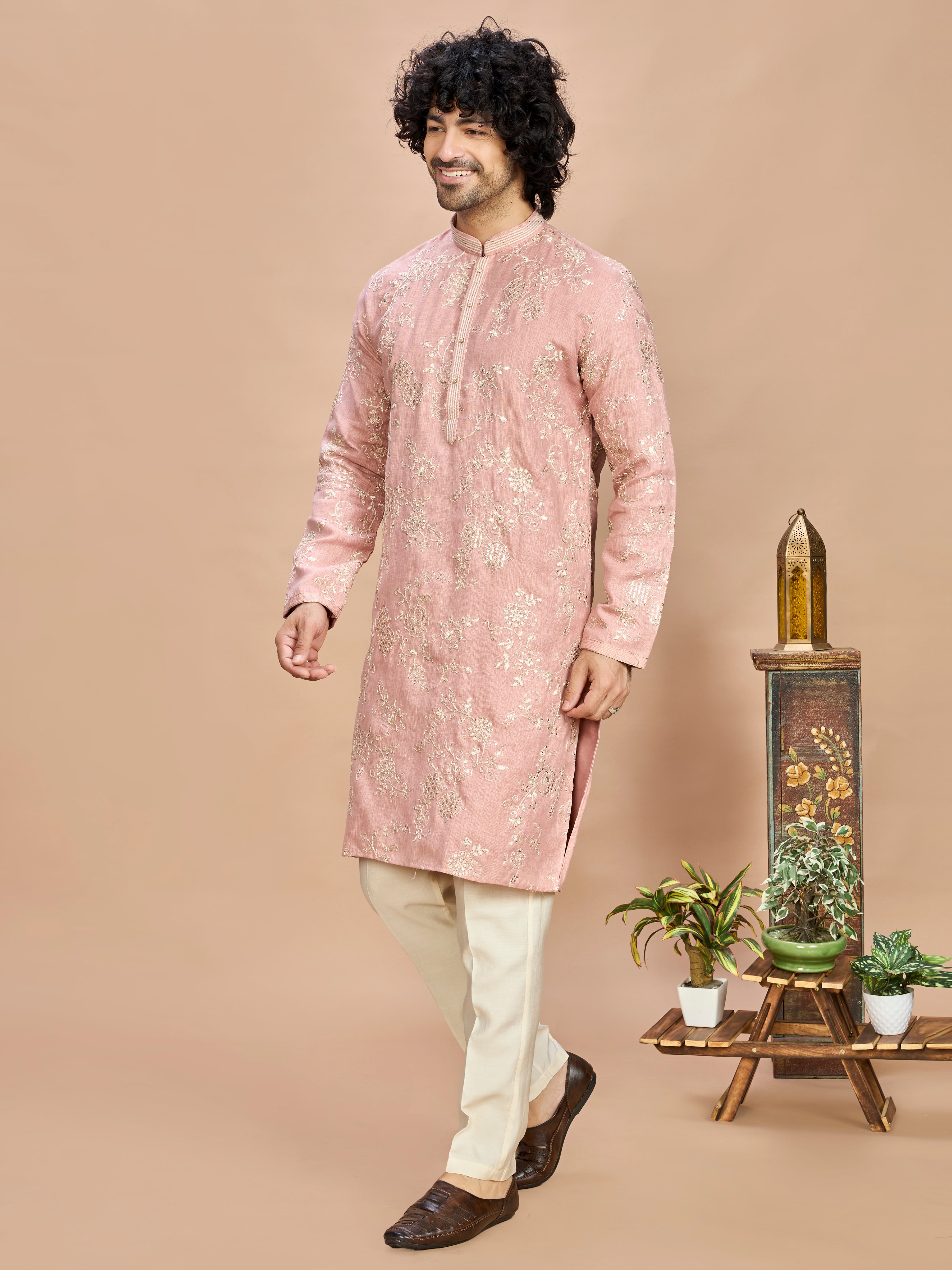 Peach Golden Embroidered Kurta for Men