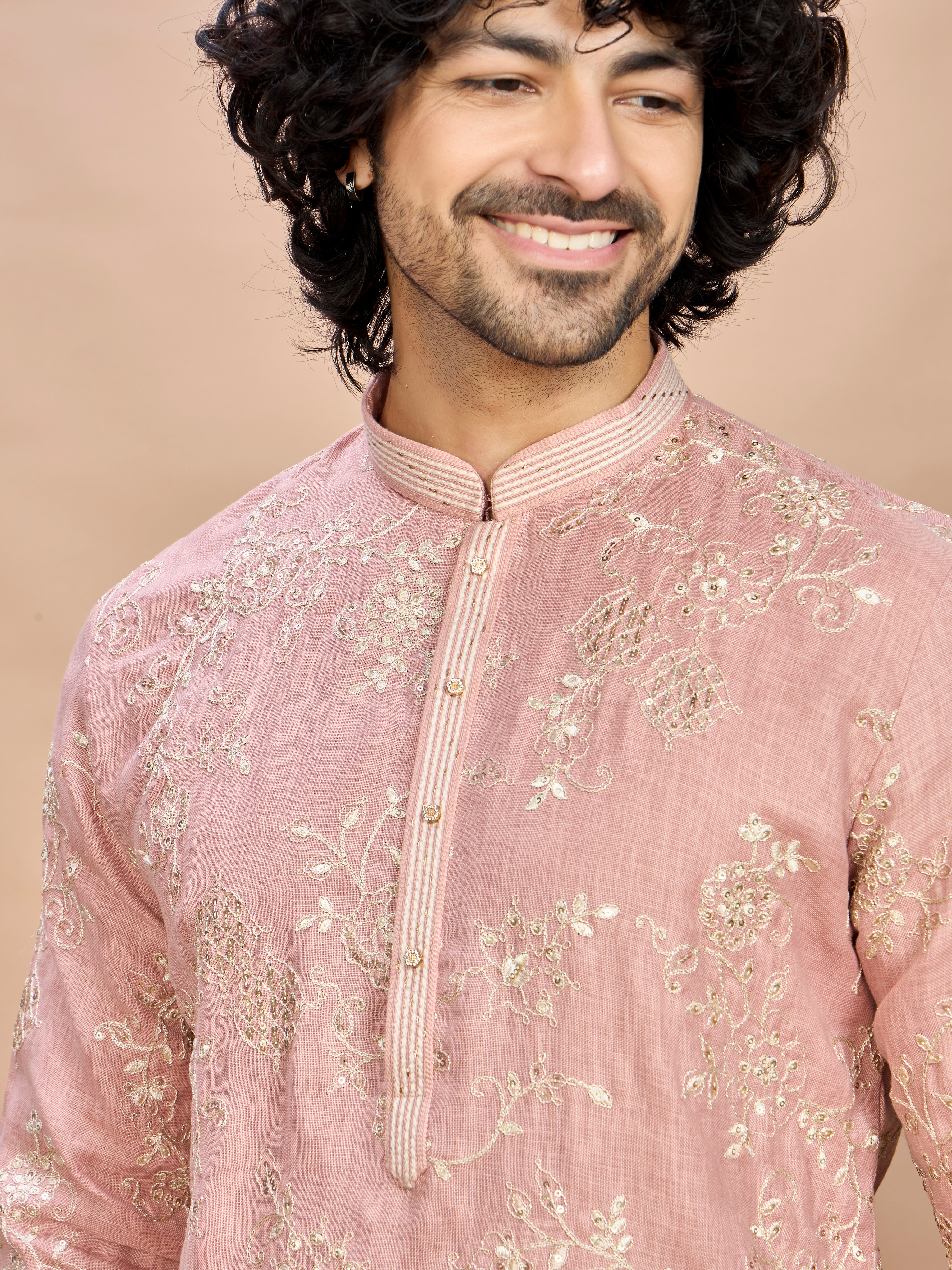 Peach Golden Embroidered Kurta for Men