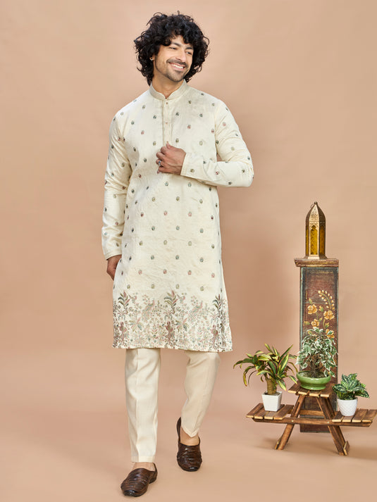 Cream Multicolor Embroidered Kurta for Men