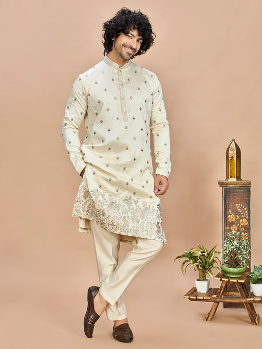 Cream Multicolor Embroidered Kurta for Men