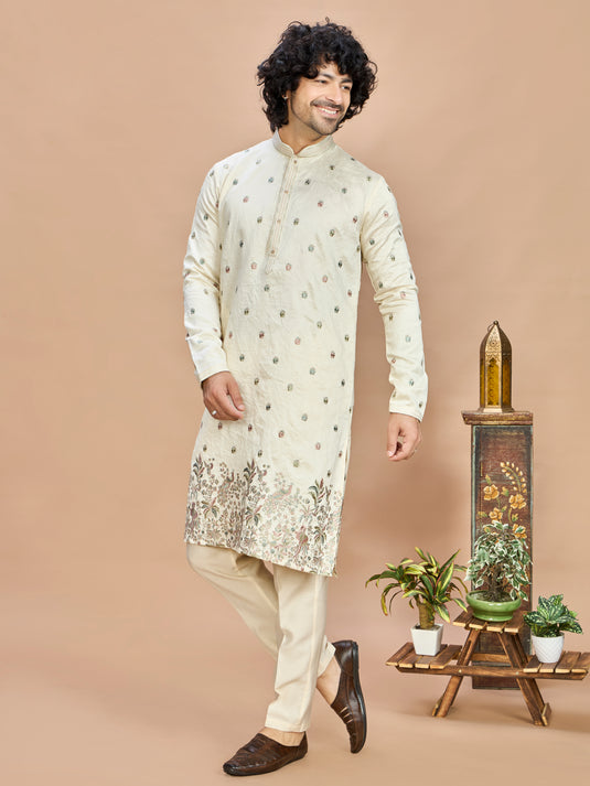 Cream Multicolor Embroidered Kurta for Men