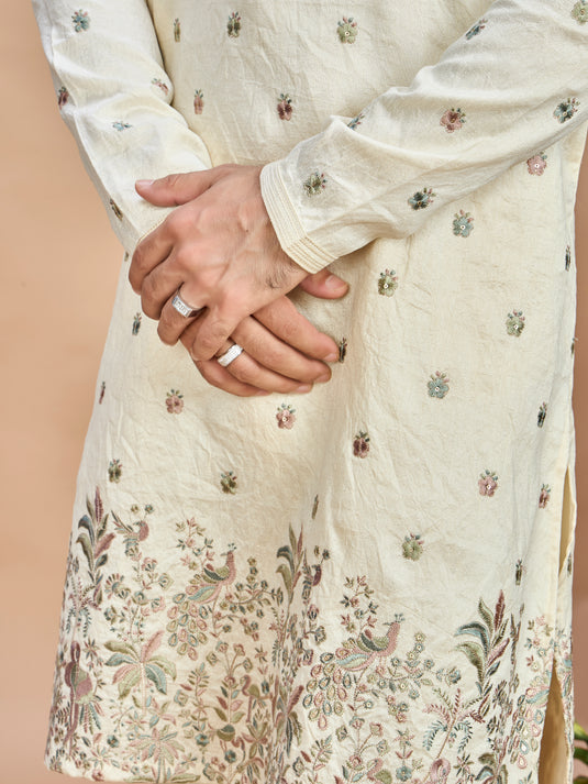 Cream Multicolor Embroidered Kurta for Men