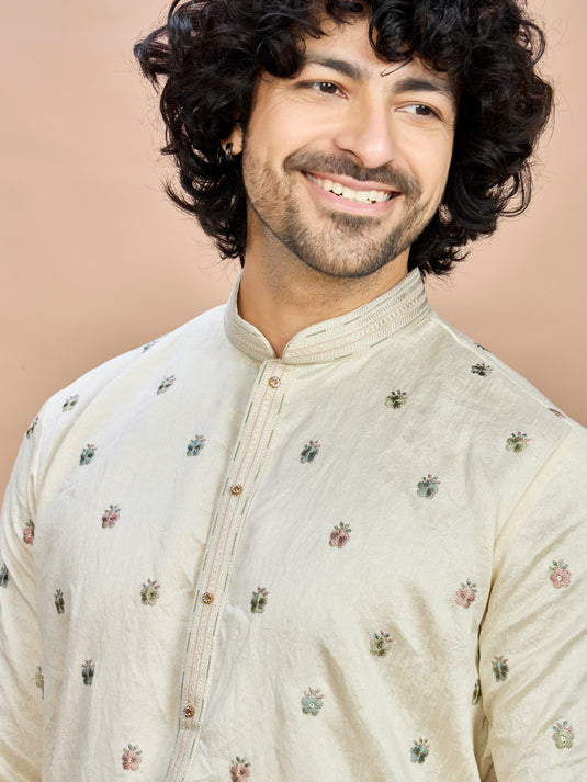 Cream Multicolor Embroidered Kurta for Men