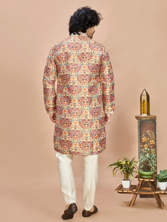 Cream Multicolor Embroidered Kurta for Men