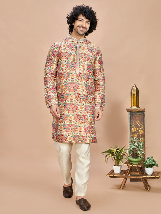 Cream Multicolor Embroidered Kurta for Men