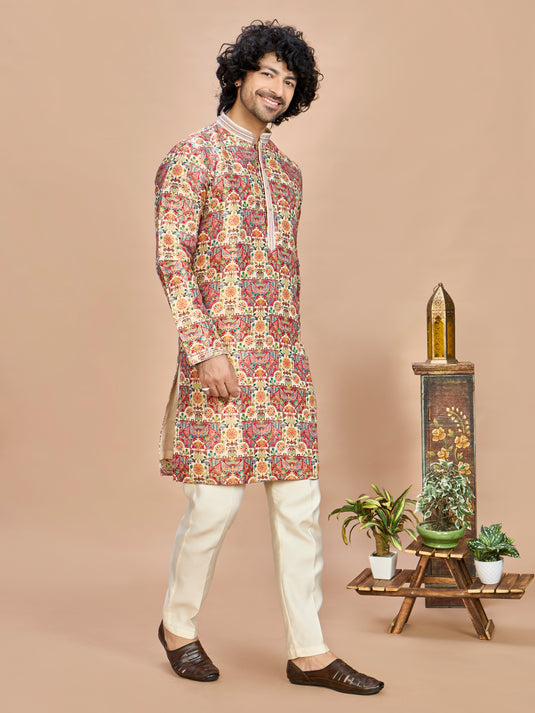 Cream Multicolor Embroidered Kurta for Men