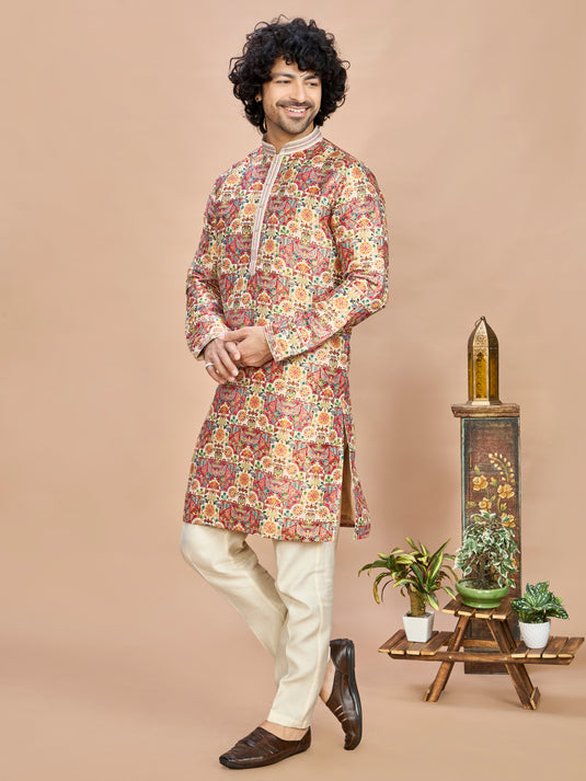 Cream Multicolor Embroidered Kurta for Men