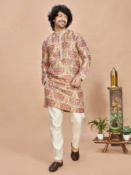 Cream Multicolor Embroidered Kurta for Men