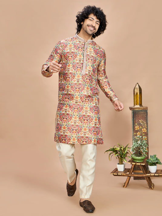 Cream Multicolor Embroidered Kurta for Men