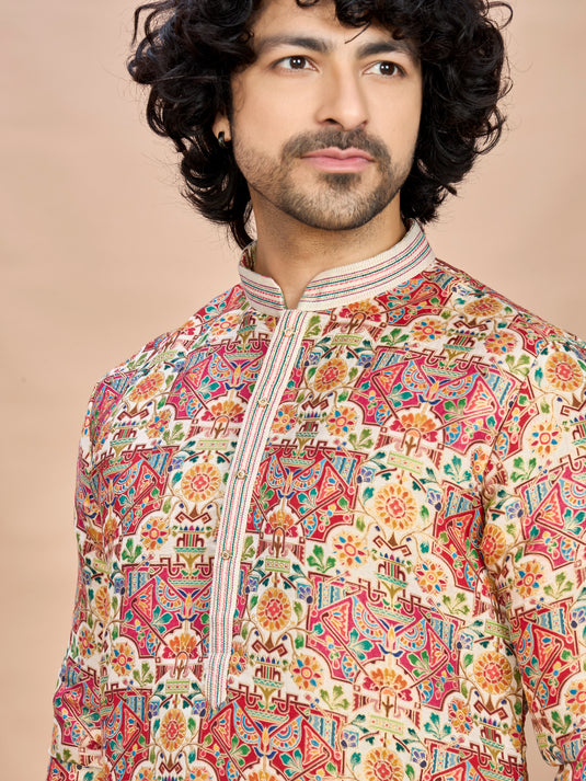 Cream Multicolor Embroidered Kurta for Men
