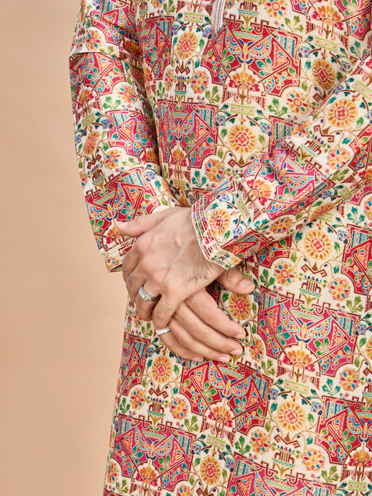 Cream Multicolor Embroidered Kurta for Men