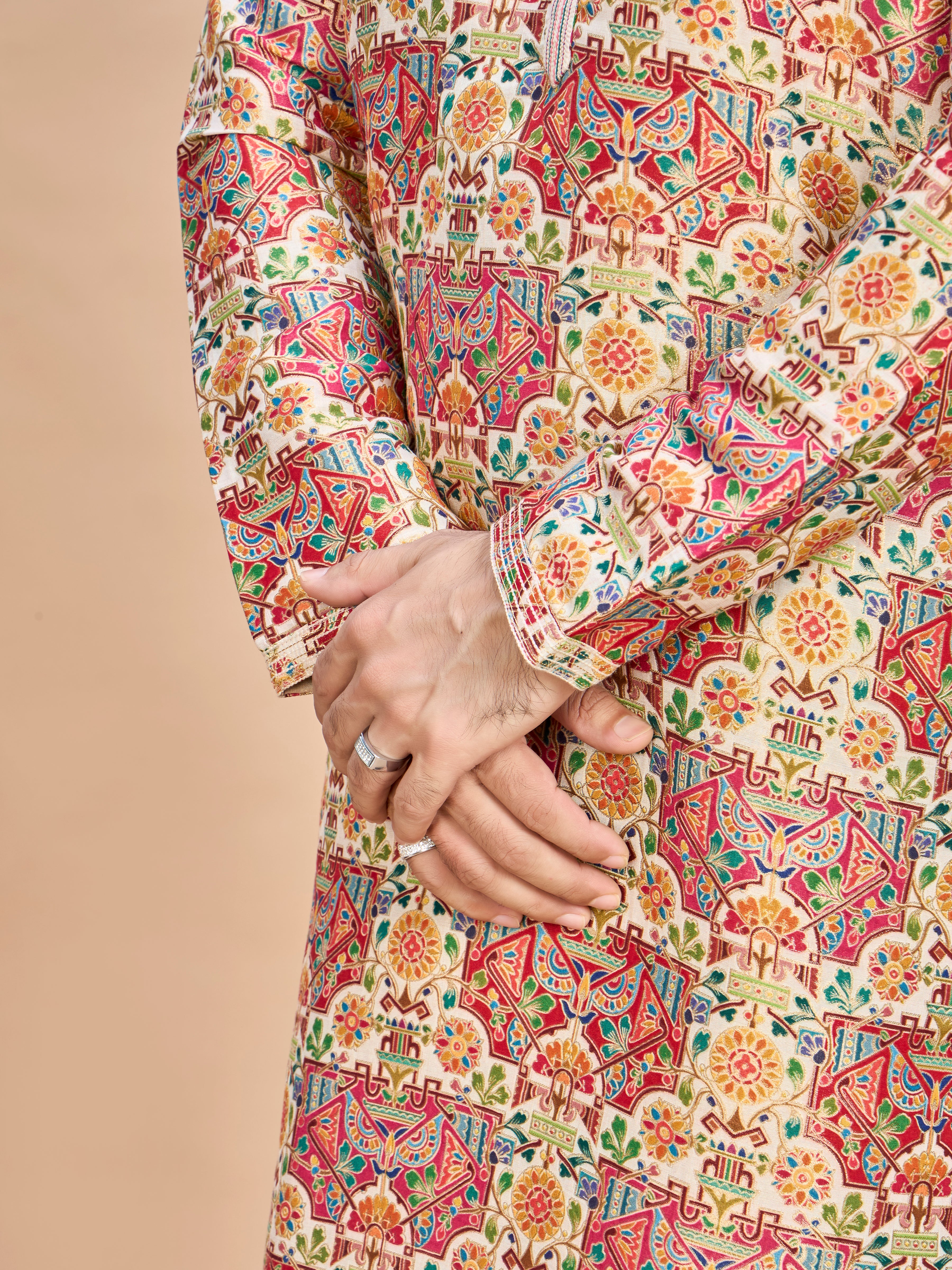 Cream Pastel Embroidered Kurta for Men