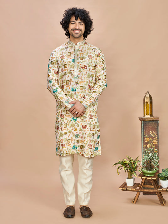 Off White Silk Kurta Set for Men