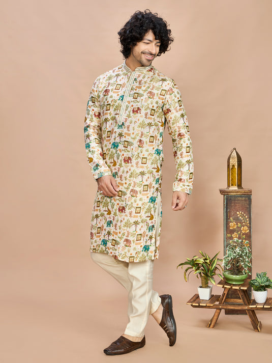 Off White Silk Kurta Set for Men