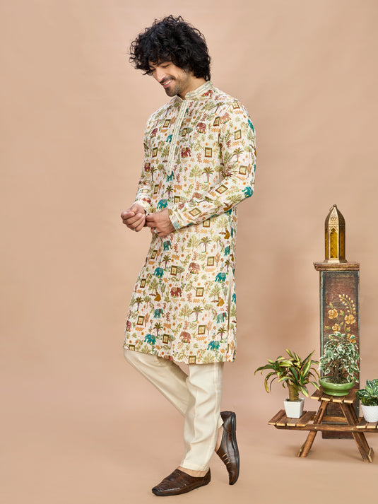 Off White Silk Kurta Set for Men