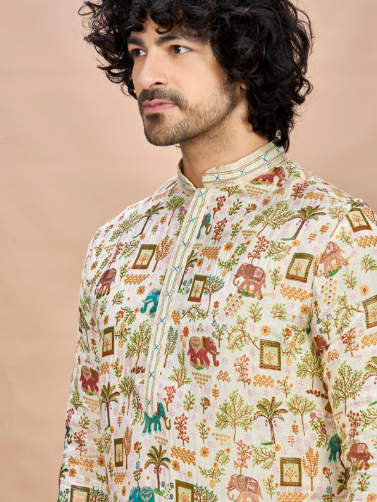 Off White Silk Kurta Set for Men