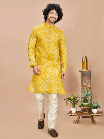 Yellow Silk Embroidered Kurta Set for Men