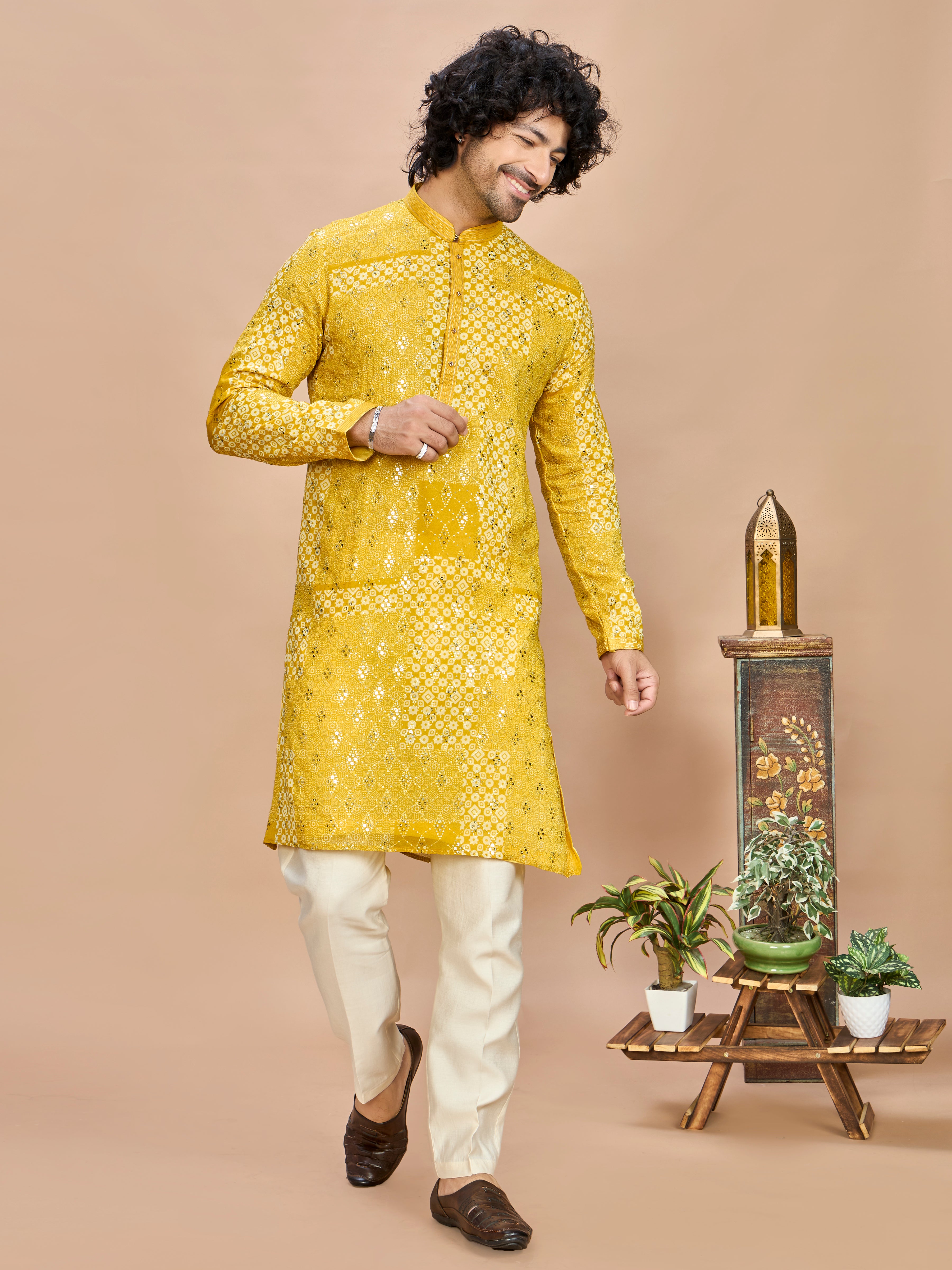 Yellow Silk Embroidered Kurta Set for Men