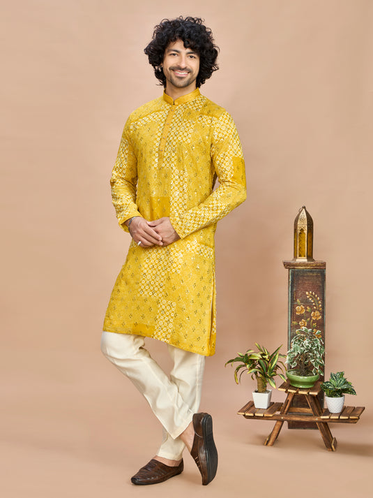 Yellow Silk Embroidered Kurta Set for Men