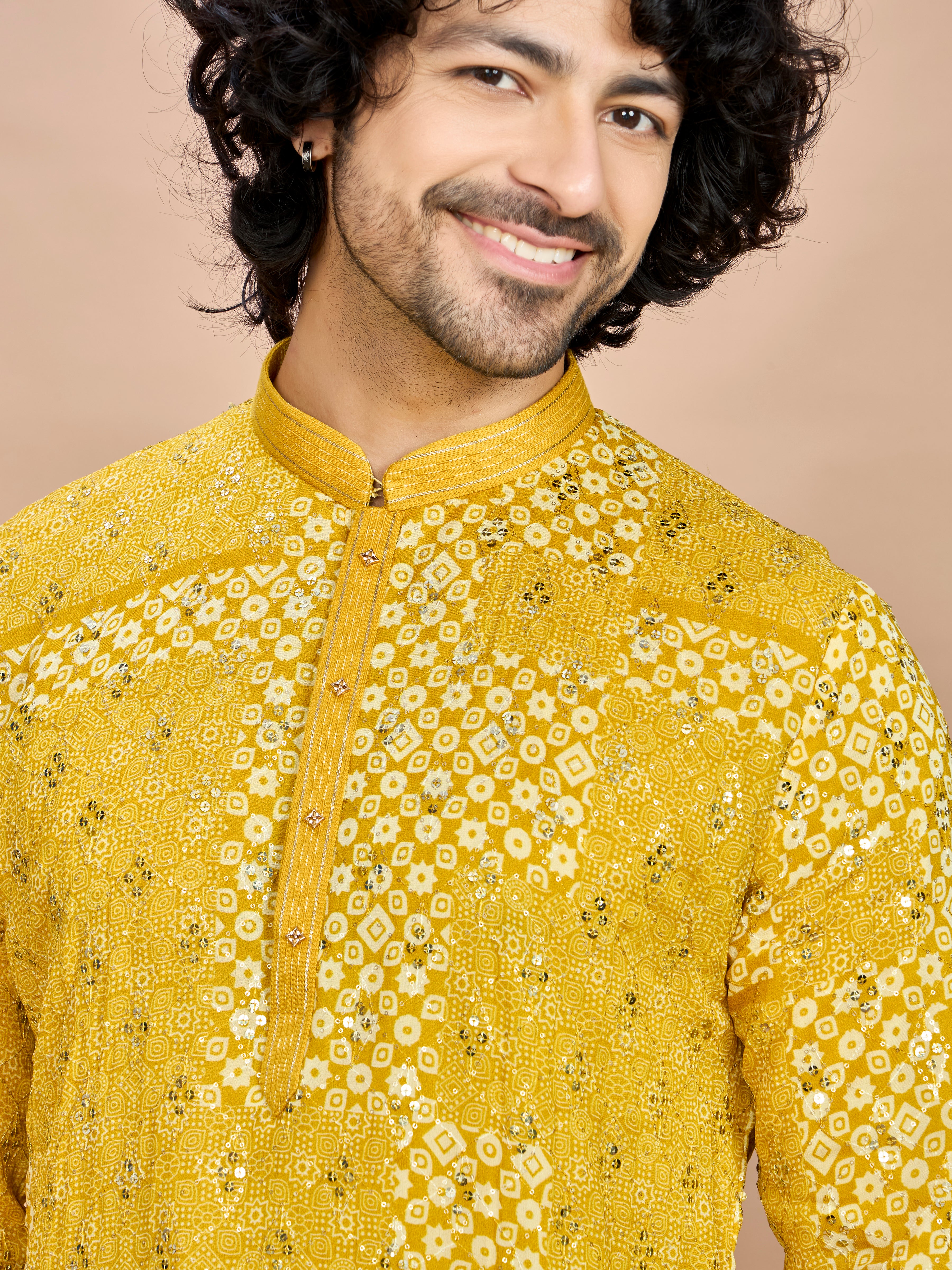 Yellow Silk Embroidered Kurta Set for Men