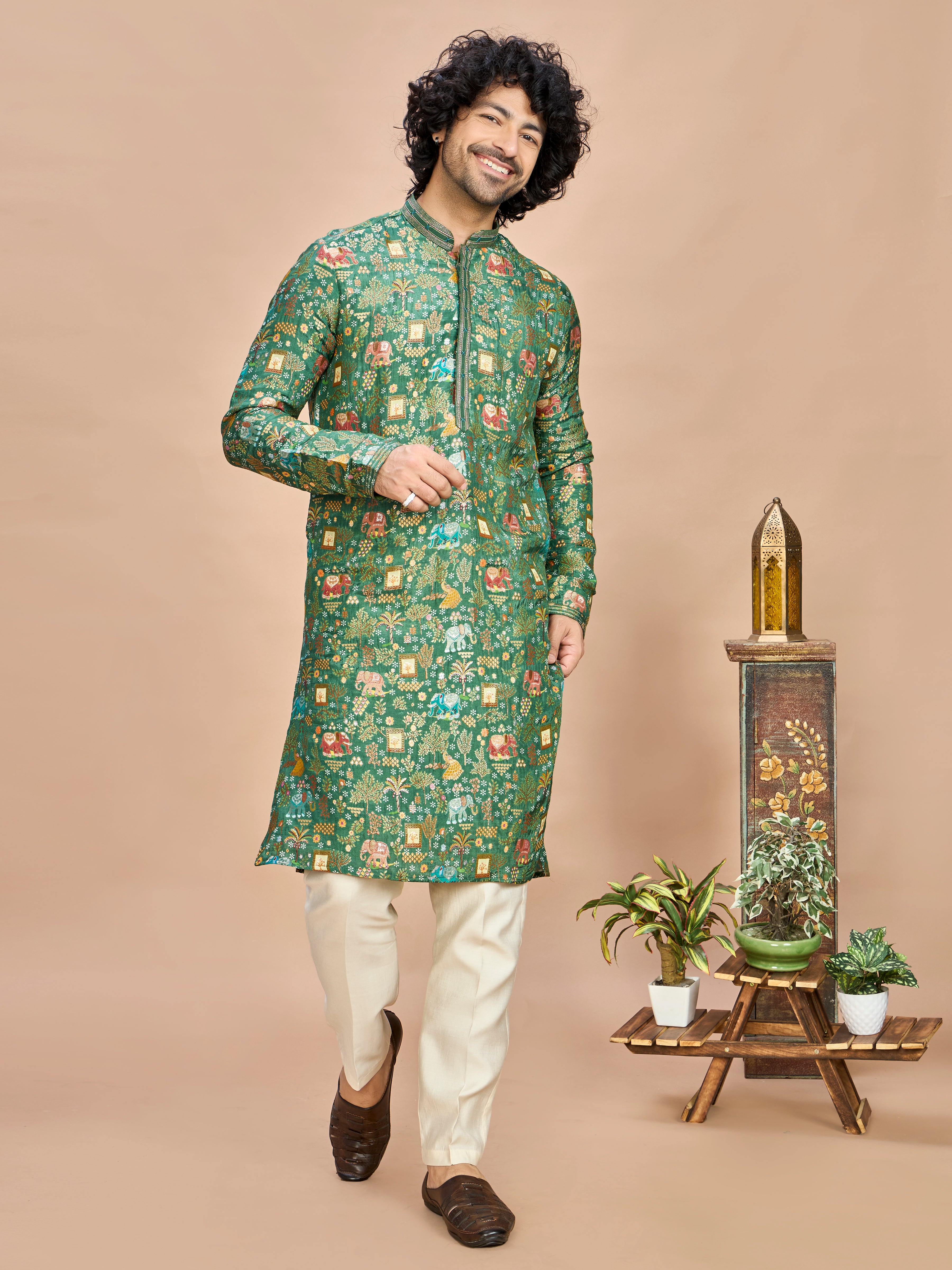 Green Silk Kurta Set for Men