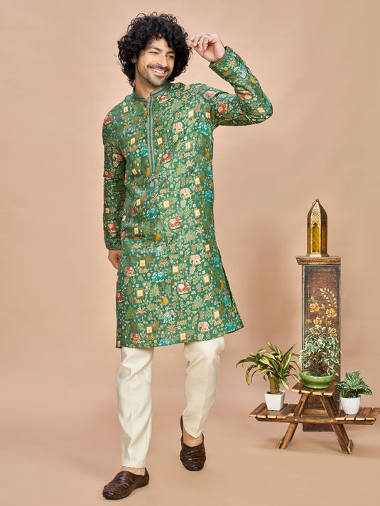 Emerald Green Heritage Embroidered Kurta for Men