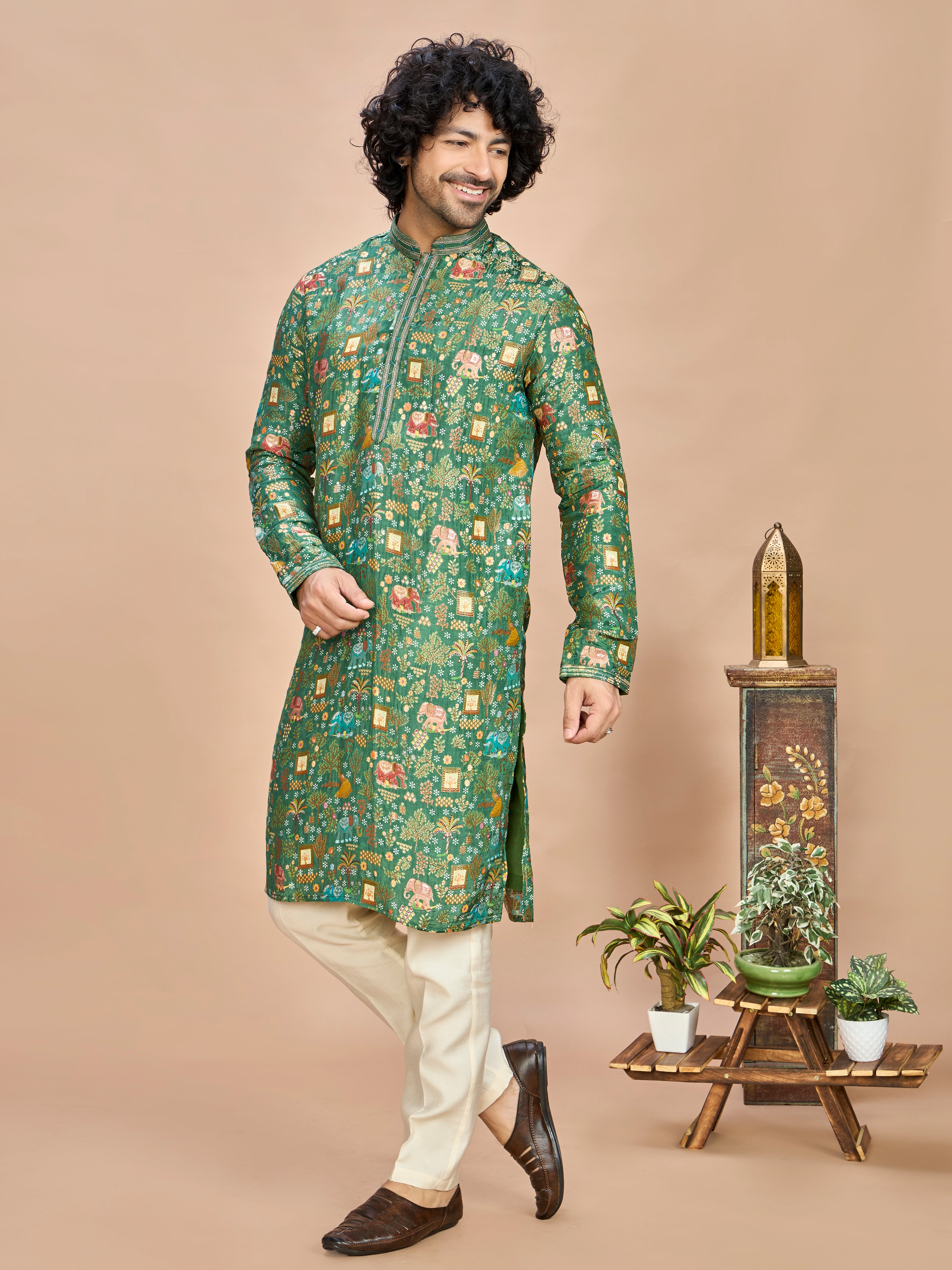 Green Silk Kurta Set for Men