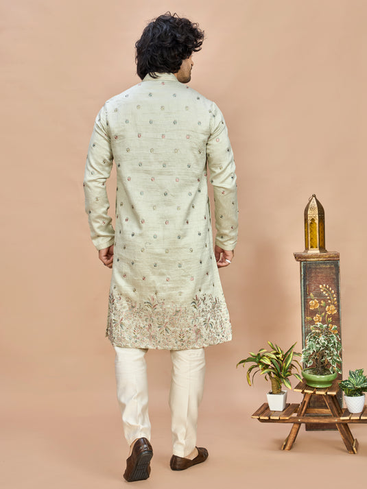Pista Green Golden Embroidered Kurta for Men