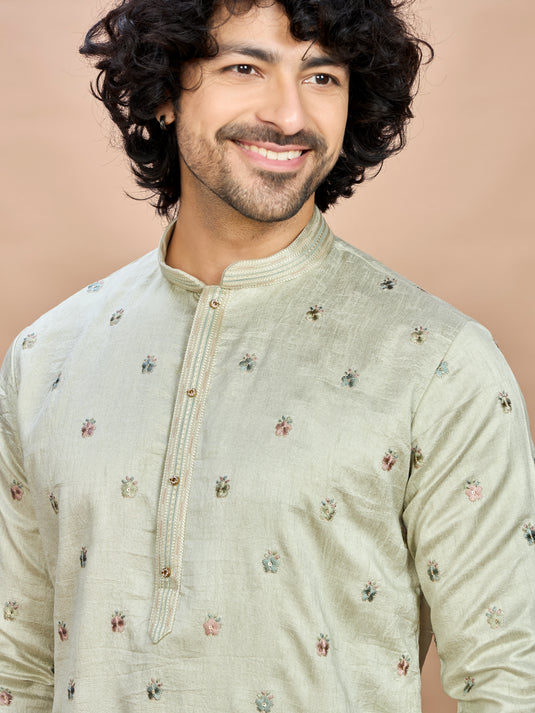 Pista Green Golden Embroidered Kurta for Men