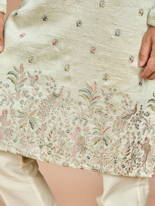 Pista Green Golden Embroidered Kurta for Men