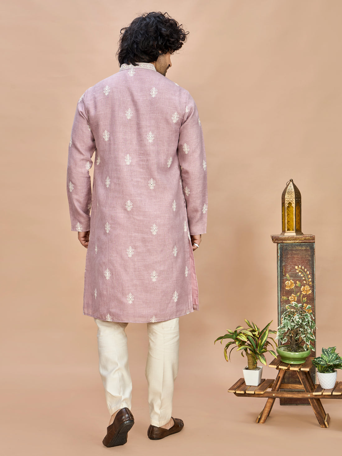 Light Purple Linen Embroidered Kurta Set for Men