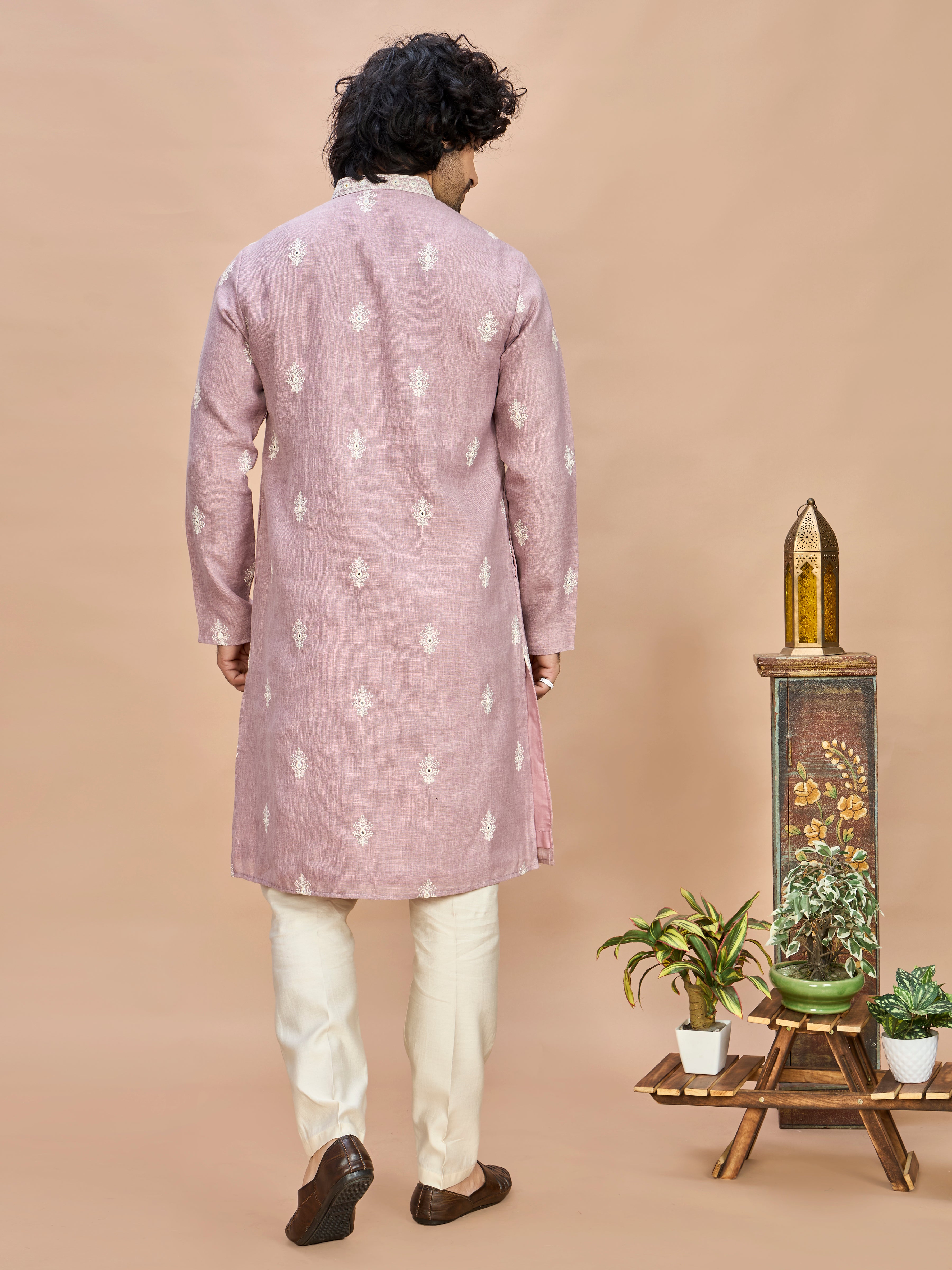 Light Purple Linen Embroidered Kurta Set for Men