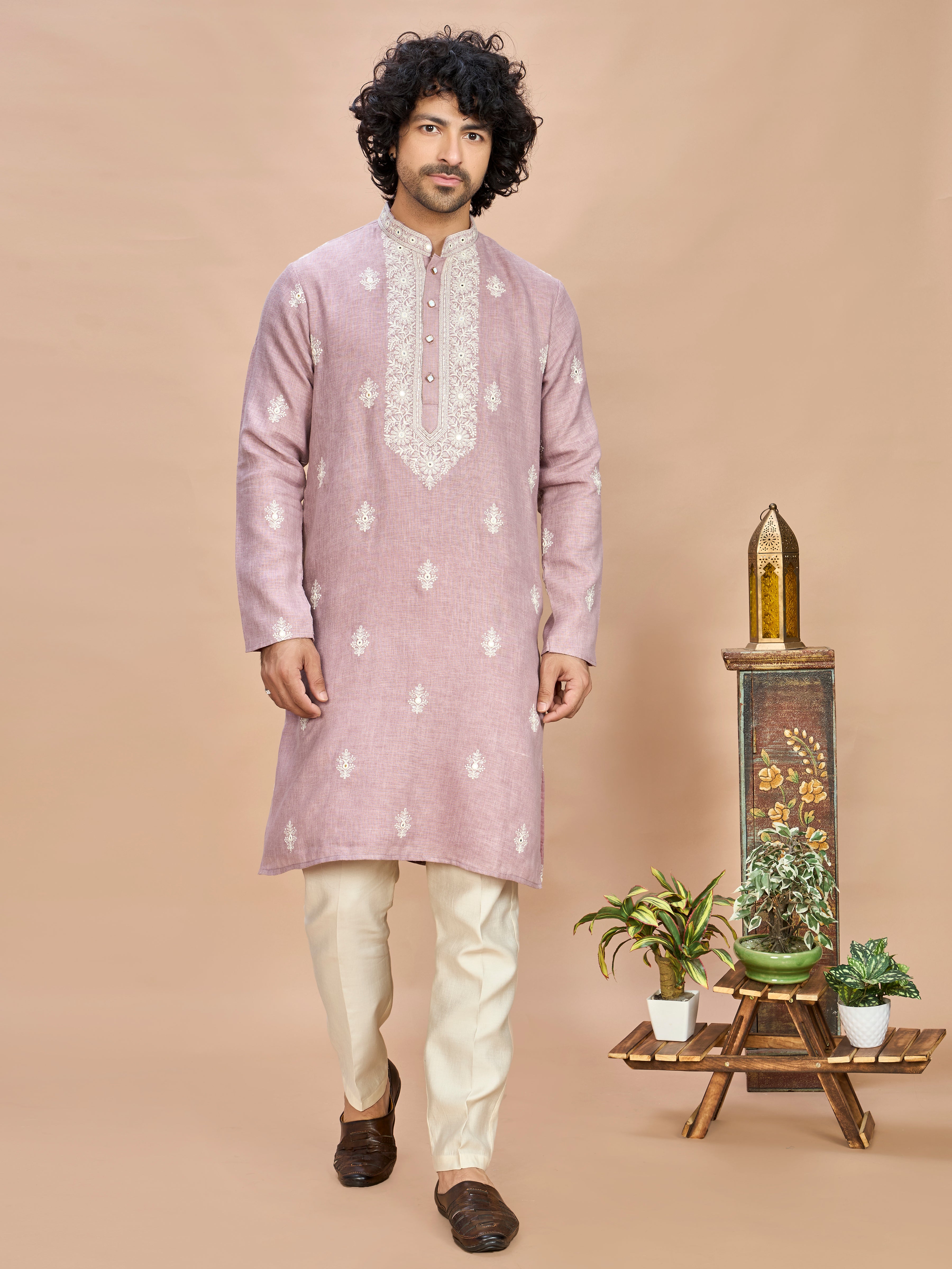 Light Purple Linen Embroidered Kurta Set for Men