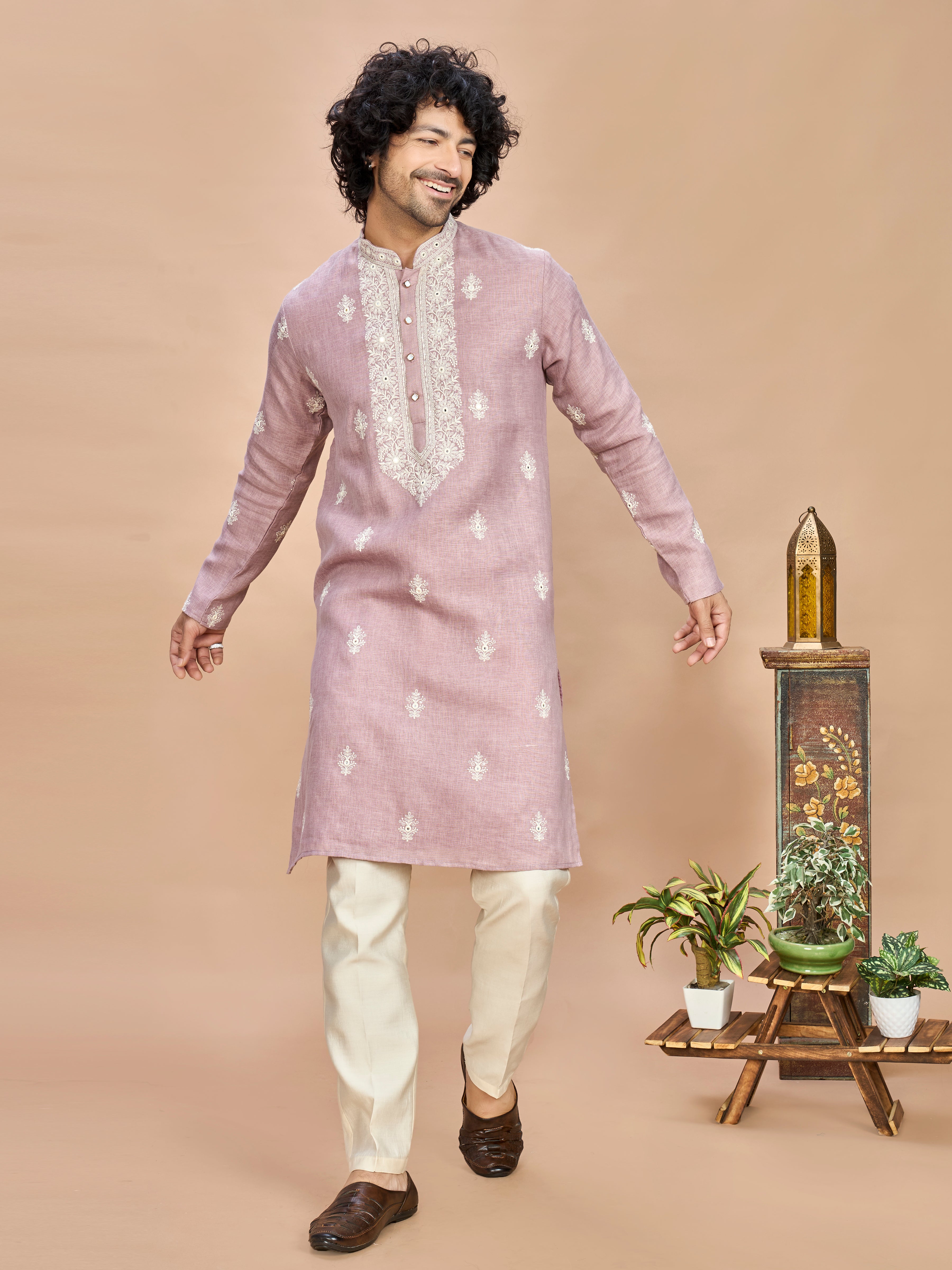 Light Purple Linen Embroidered Kurta Set for Men
