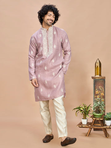 Light Purple Linen Embroidered Kurta Set for Men