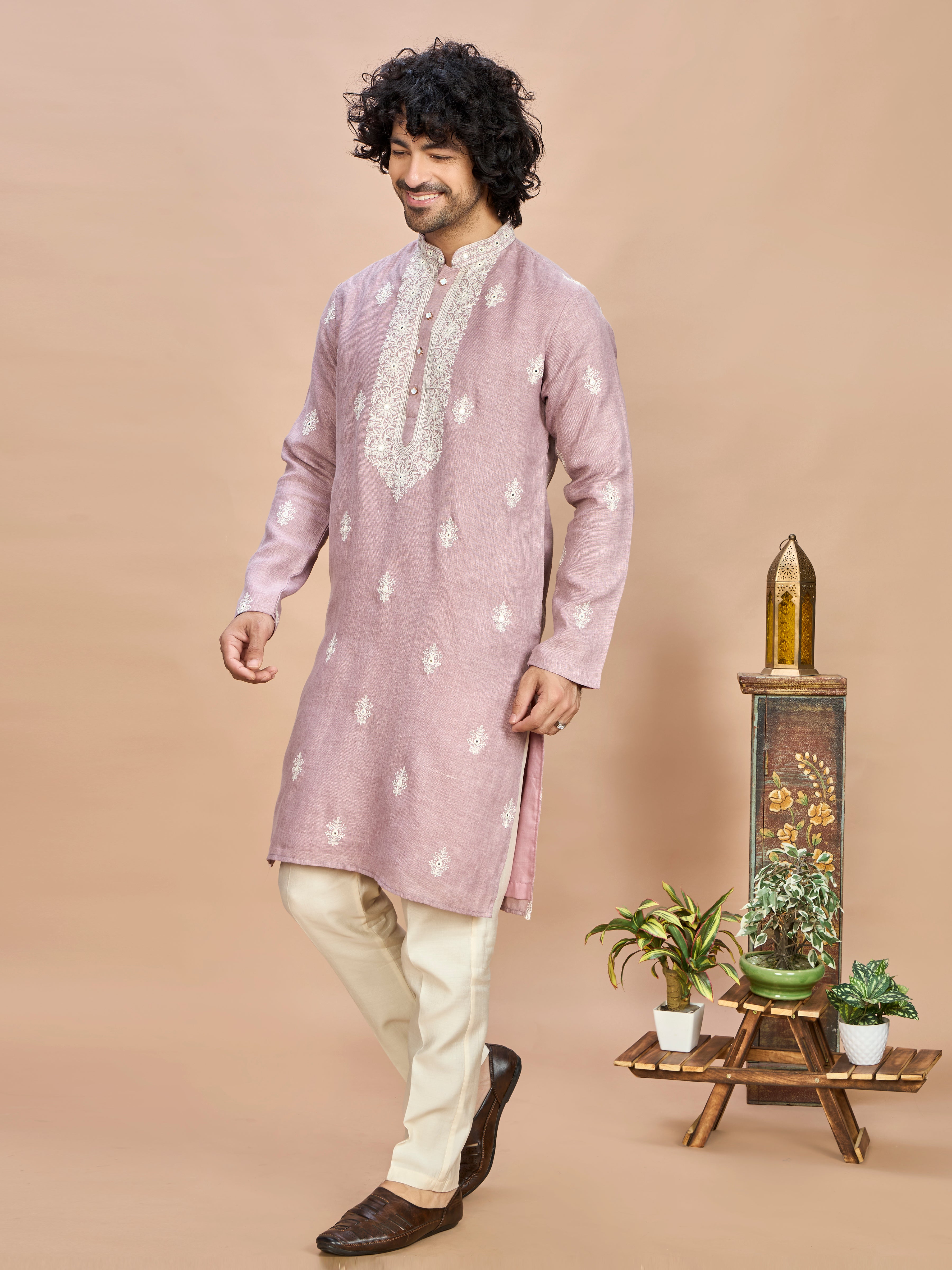 Light Purple Linen Embroidered Kurta Set for Men