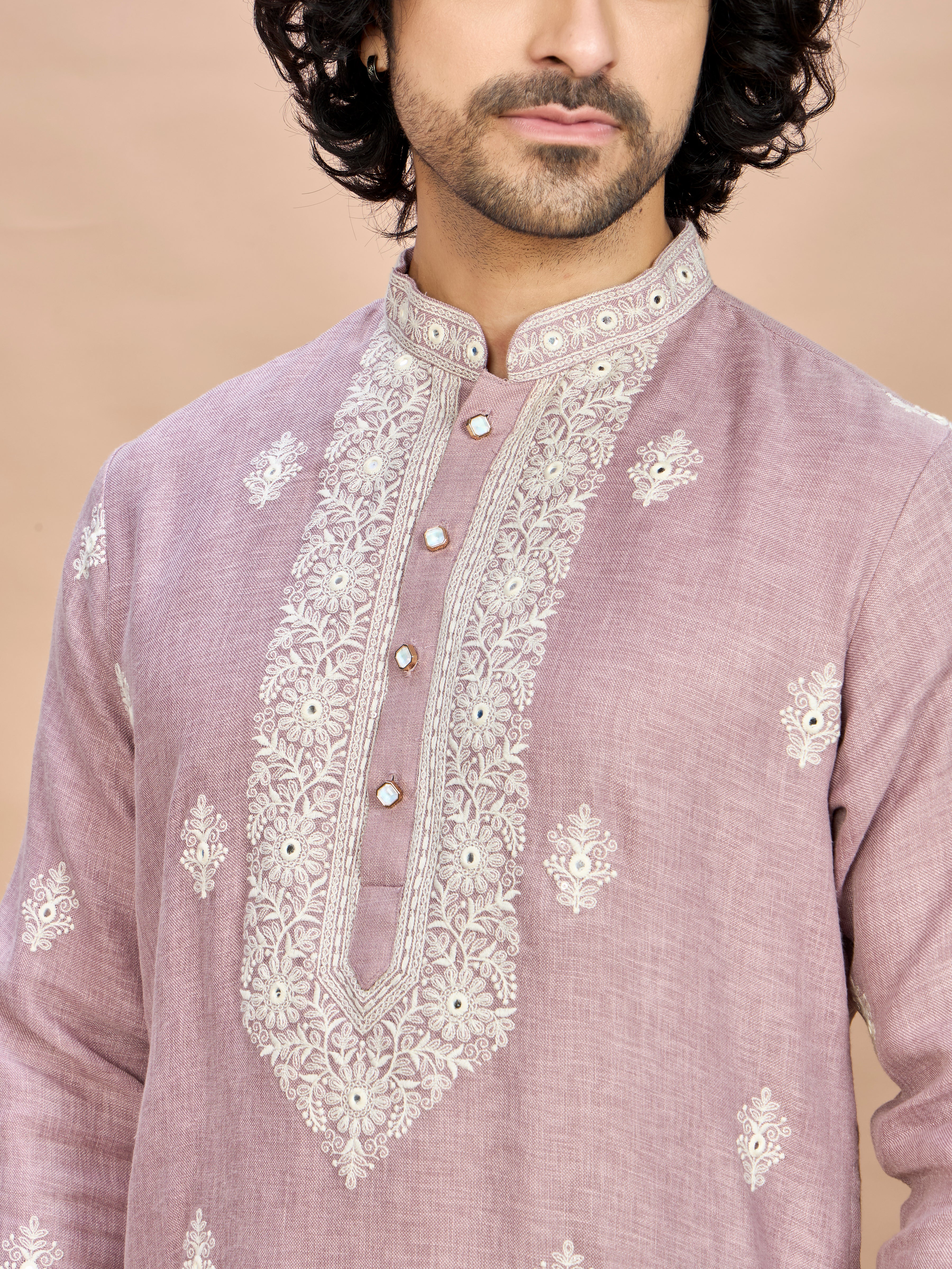 Light Purple Linen Embroidered Kurta Set for Men