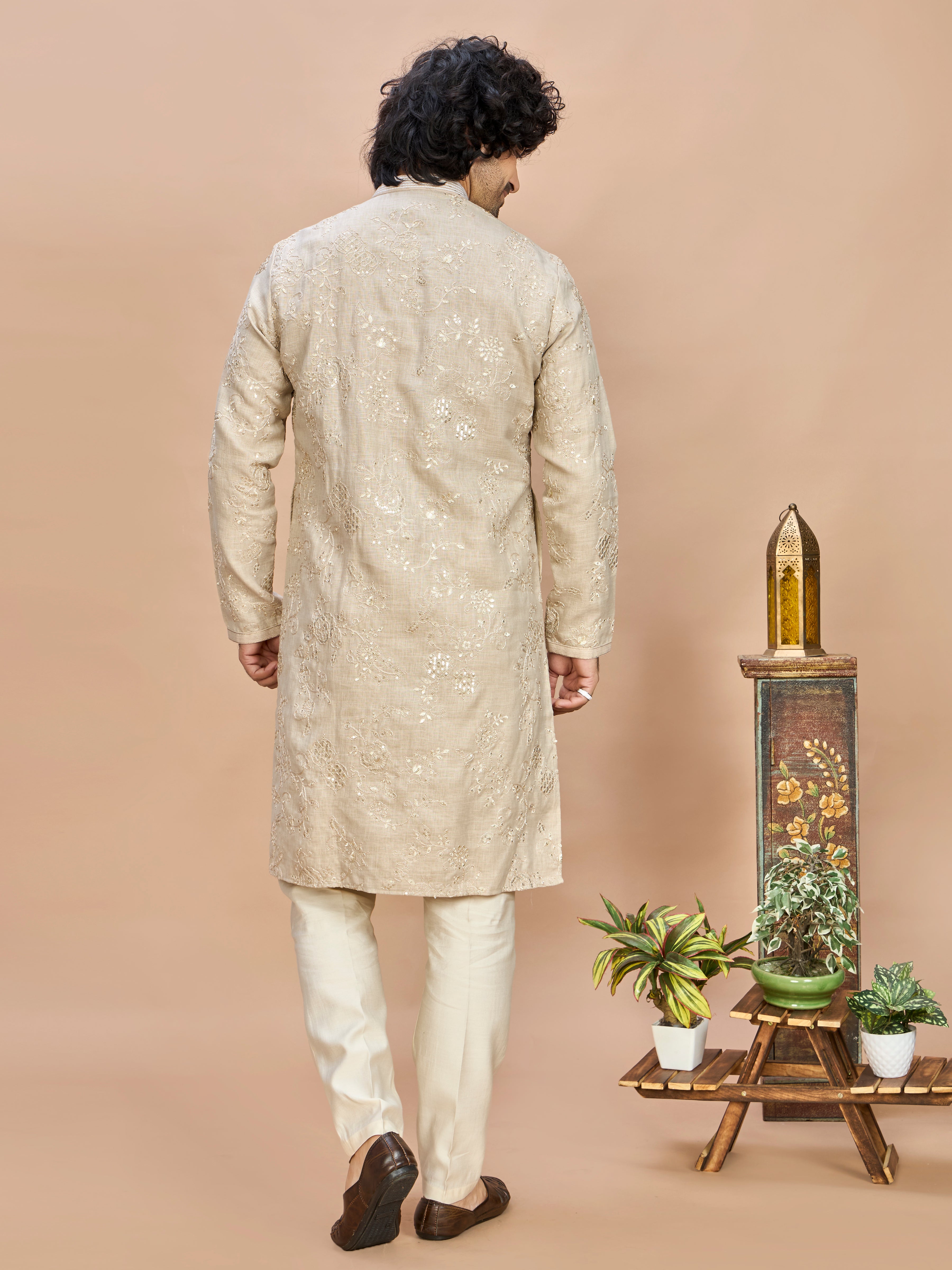 Cream Golden Embroidered Kurta for Men