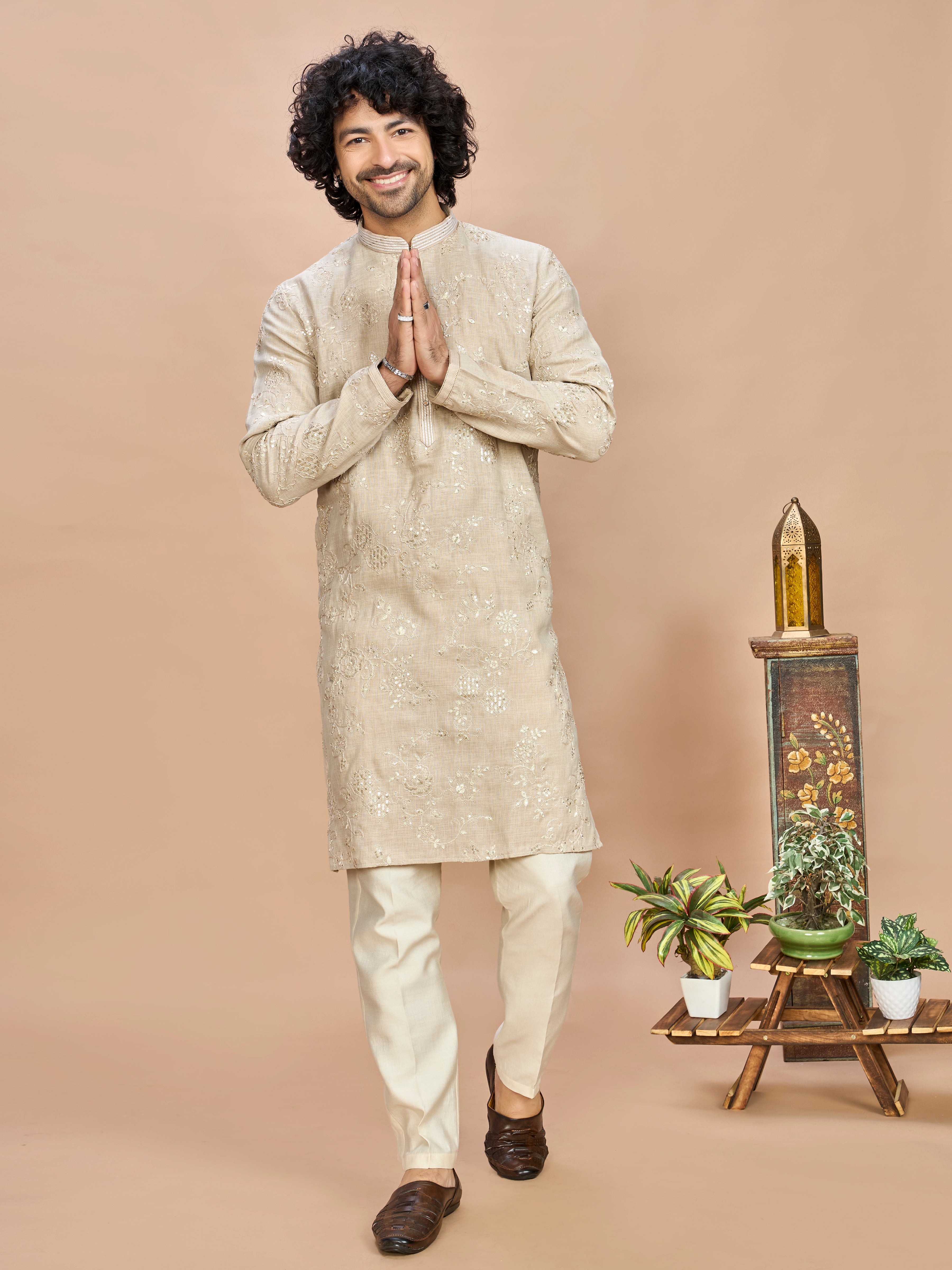 Cream Golden Embroidered Kurta for Men