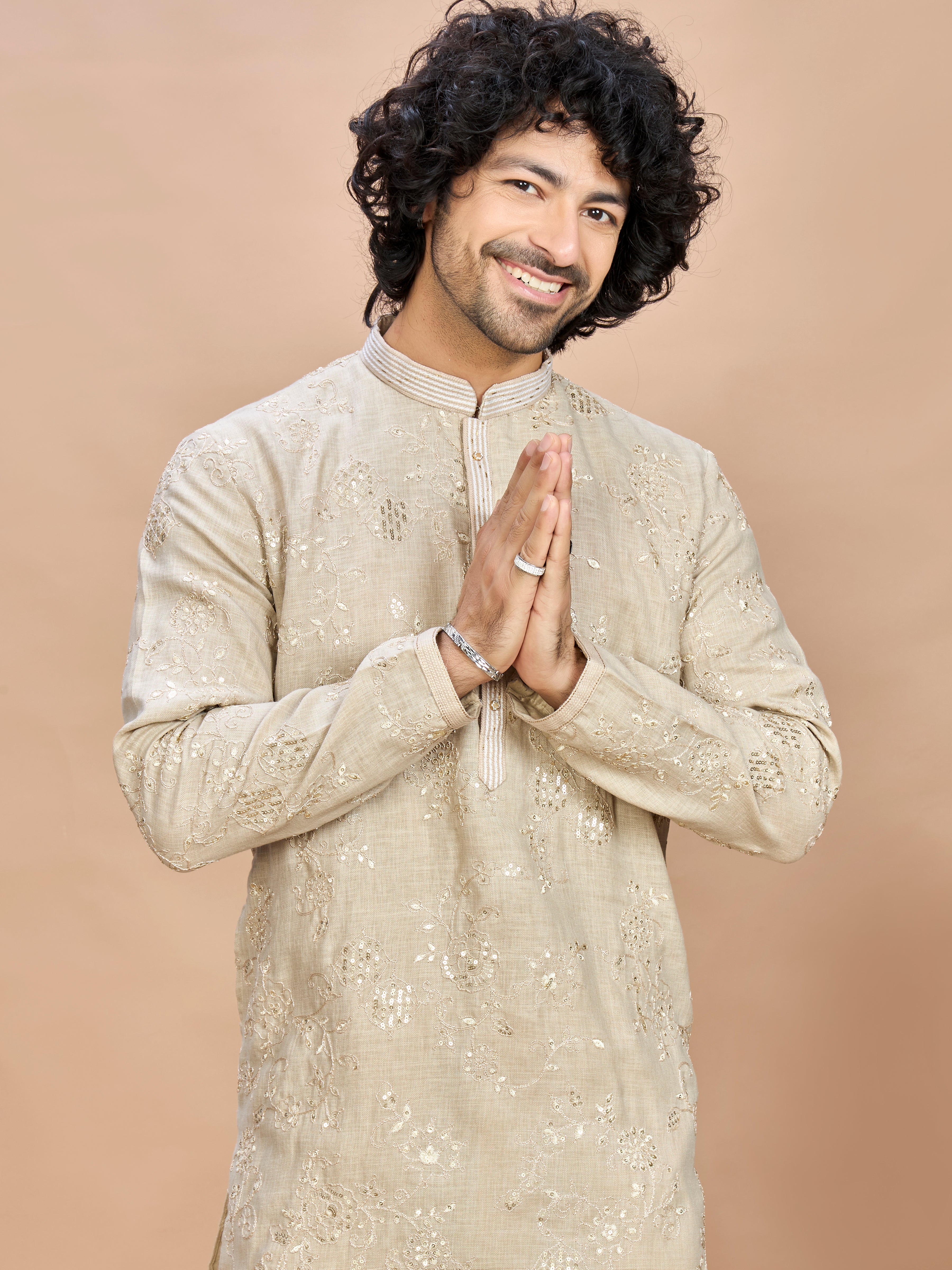Cream Golden Embroidered Kurta for Men