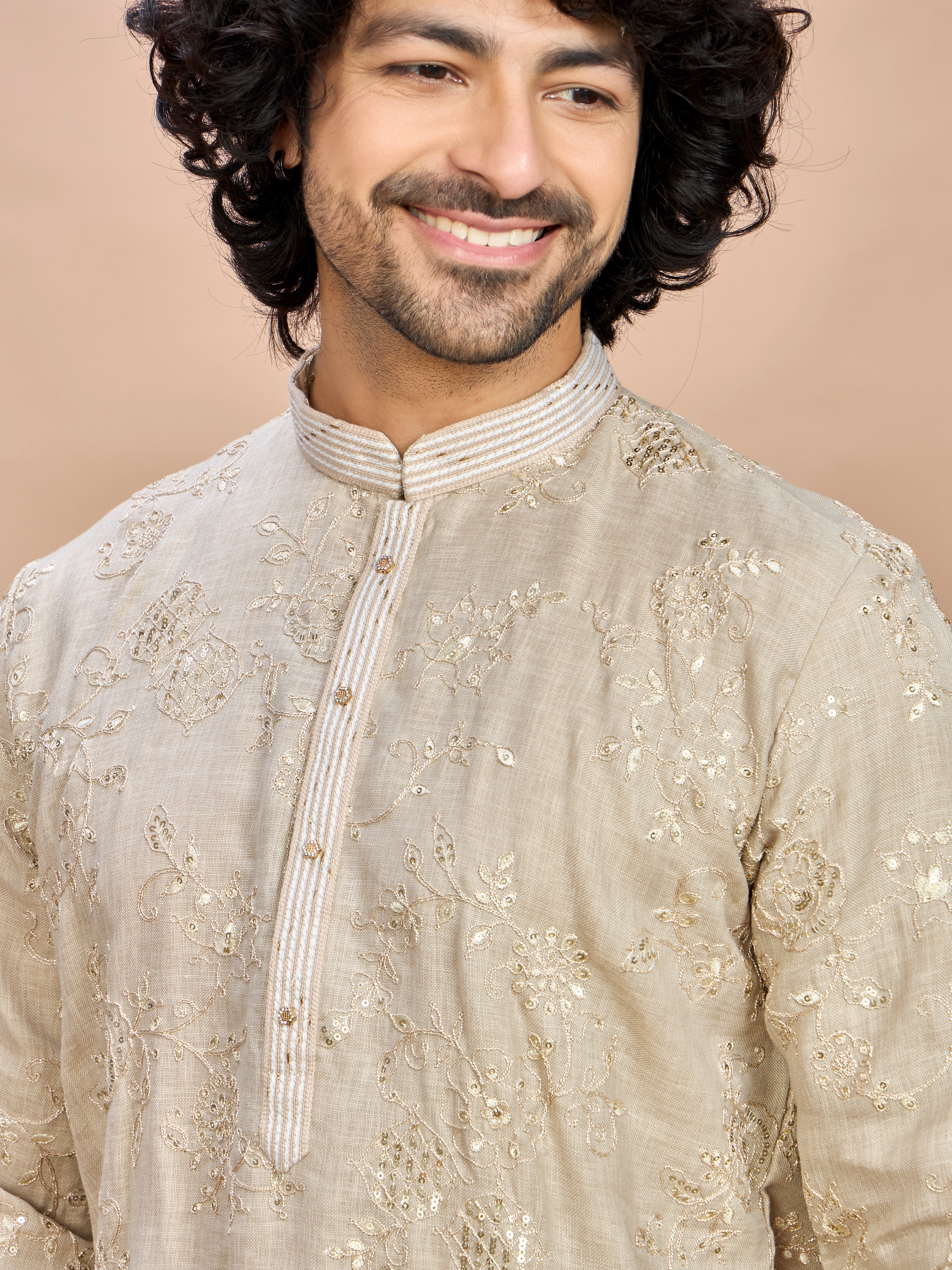 Cream Golden Embroidered Kurta for Men