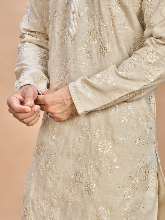 Cream Golden Embroidered Kurta for Men