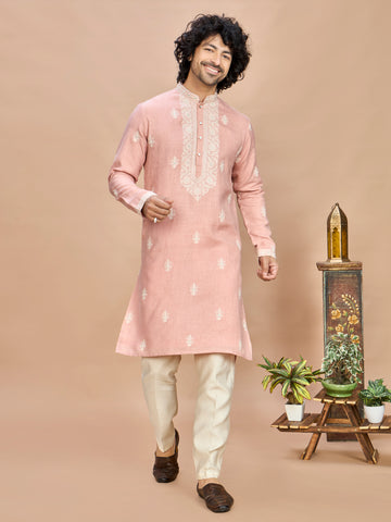 Pink Linen Embroidered Kurta Set for Men