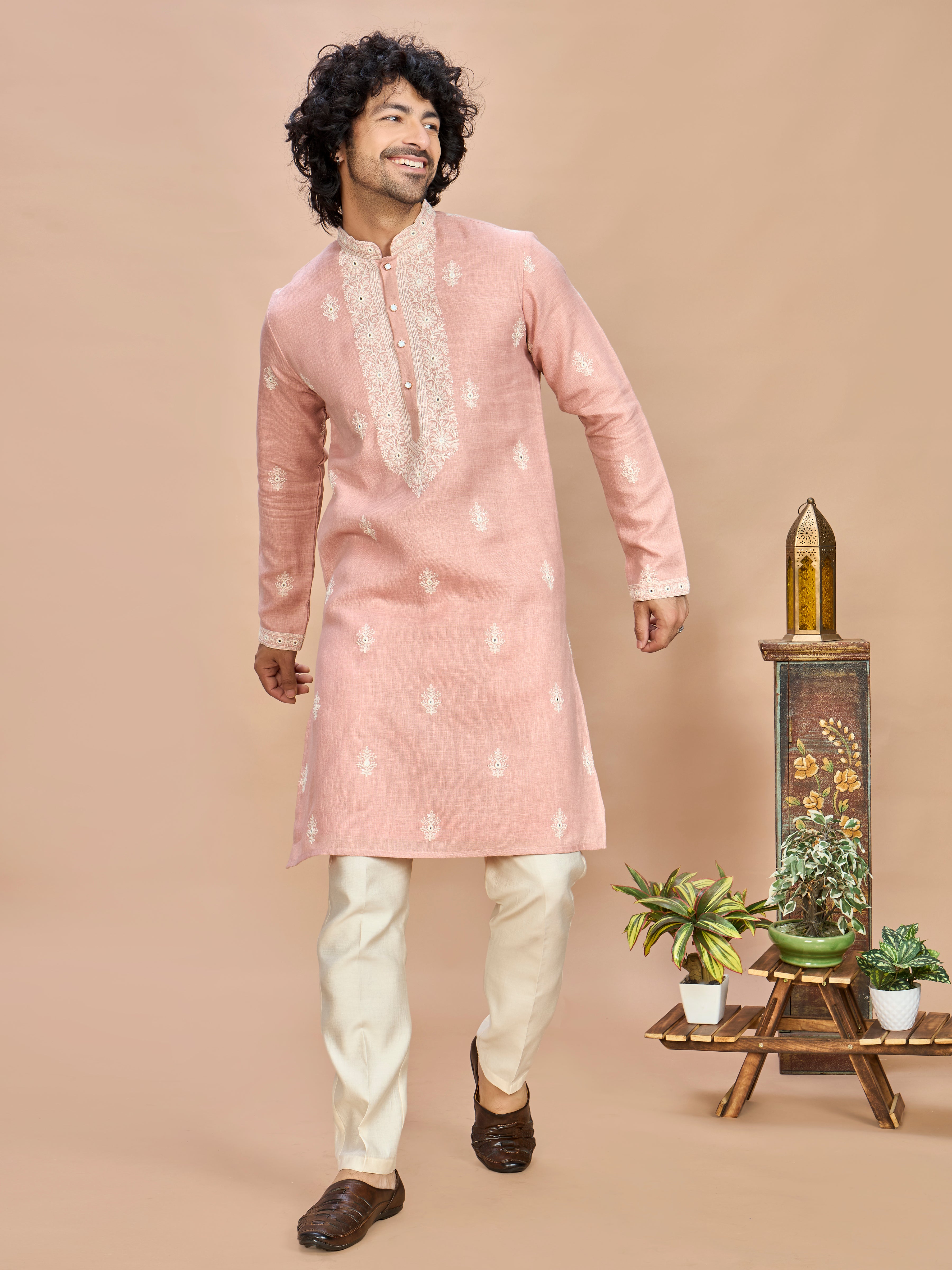 Pink Linen Embroidered Kurta Set for Men
