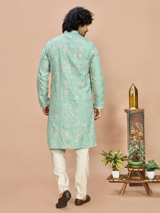 Pista Green Golden Embroidered Kurta for Men