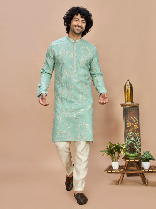 Pista Green Golden Embroidered Kurta for Men