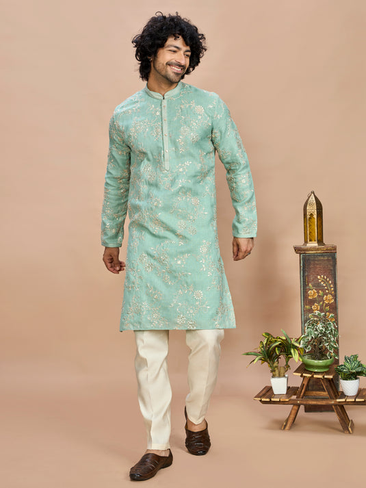 Pista Green Golden Embroidered Kurta for Men