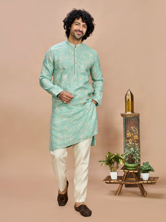 Pista Green Golden Embroidered Kurta for Men